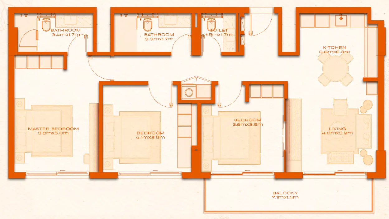 Avenew 888 - Modo 3 bed floor plan, 1,291 sqft