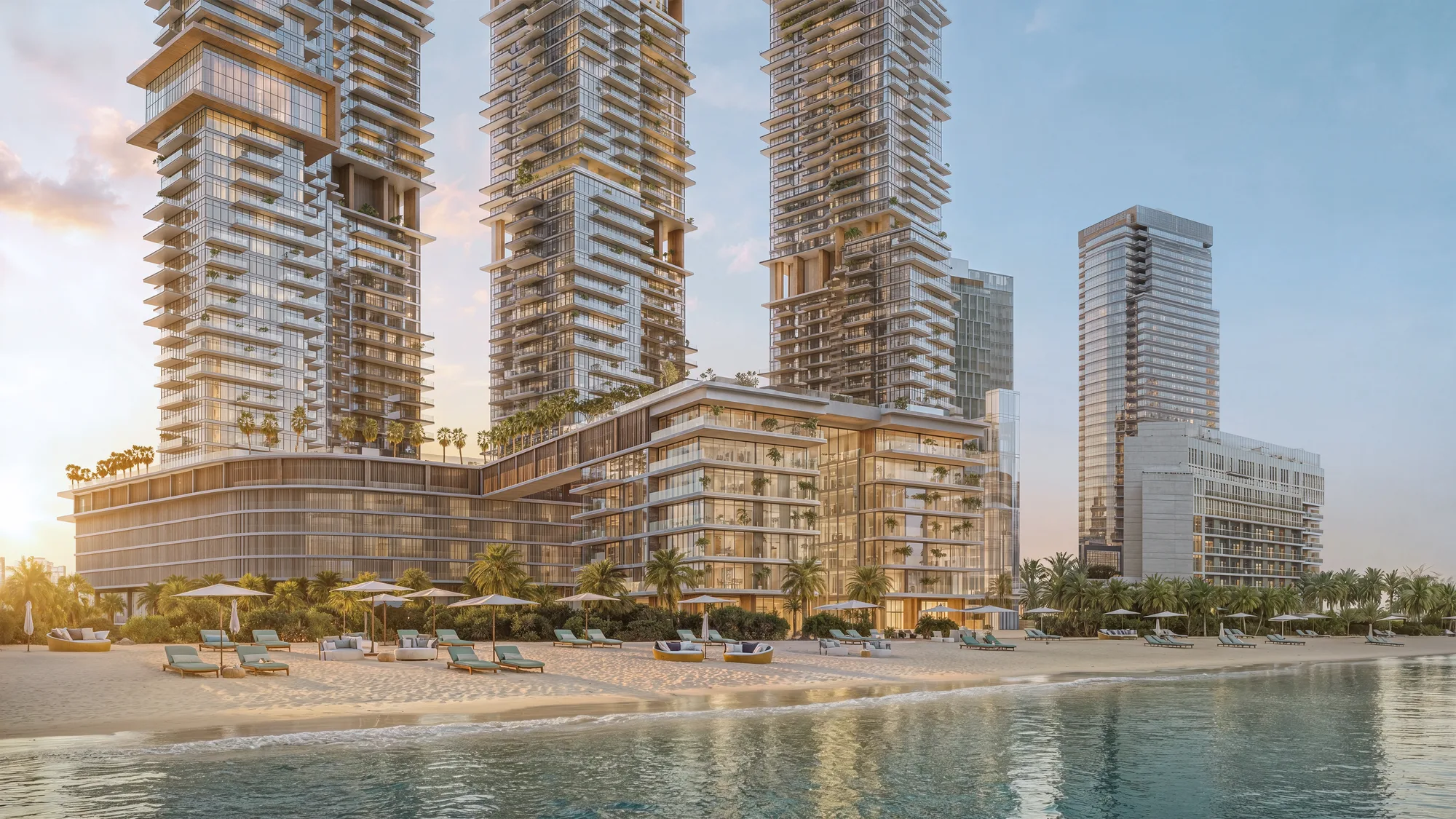 The towers and the podium seen from the beach, with sun loungers on the sand and the sea in the foreground