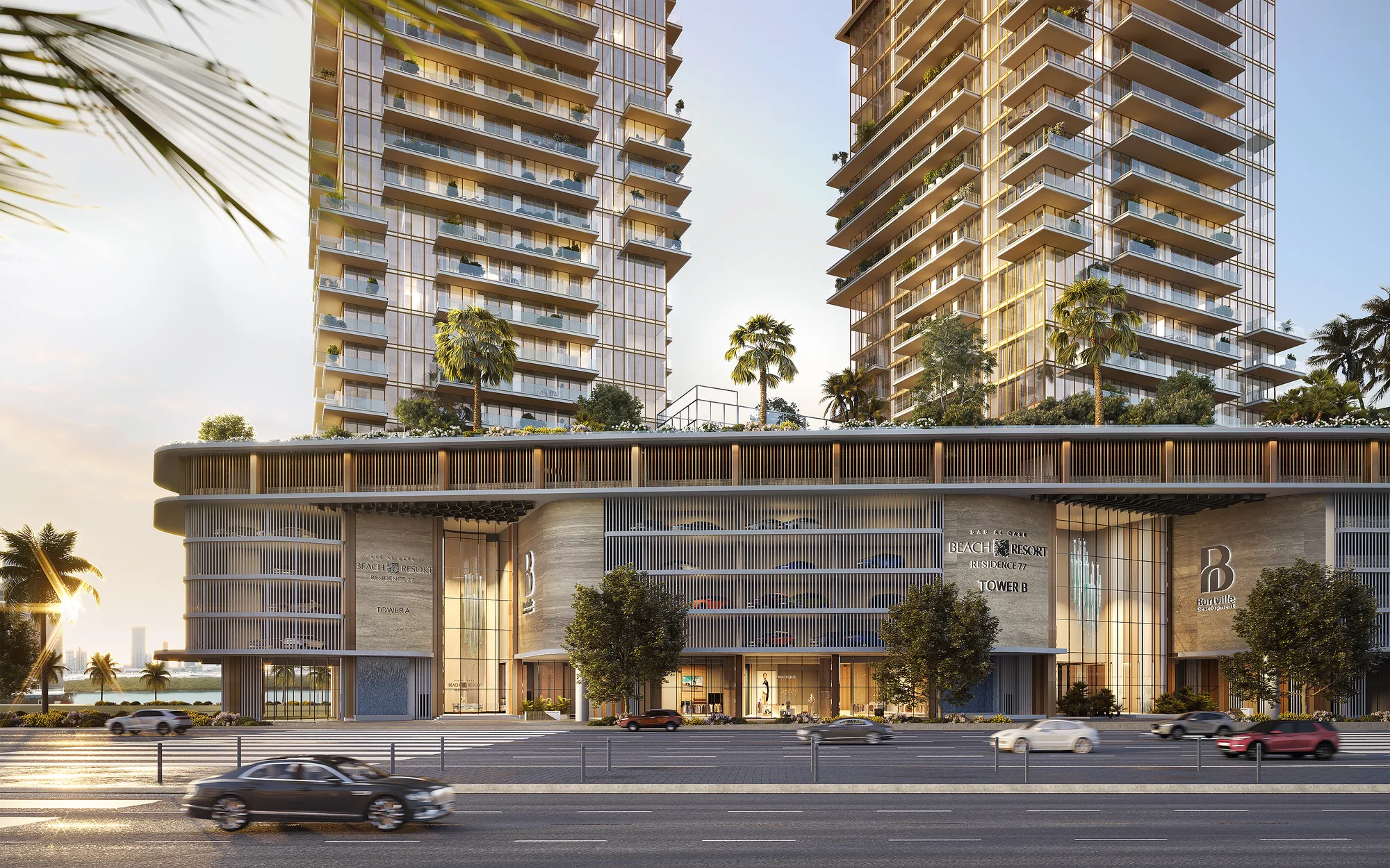 The podium at street level with the Tower A and Tower B entrance lobbies, the towers rising above