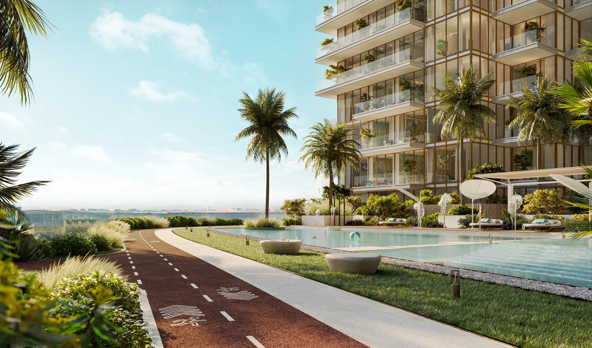 The podium jogging track running beside a pool, with a tower's planted terraces above