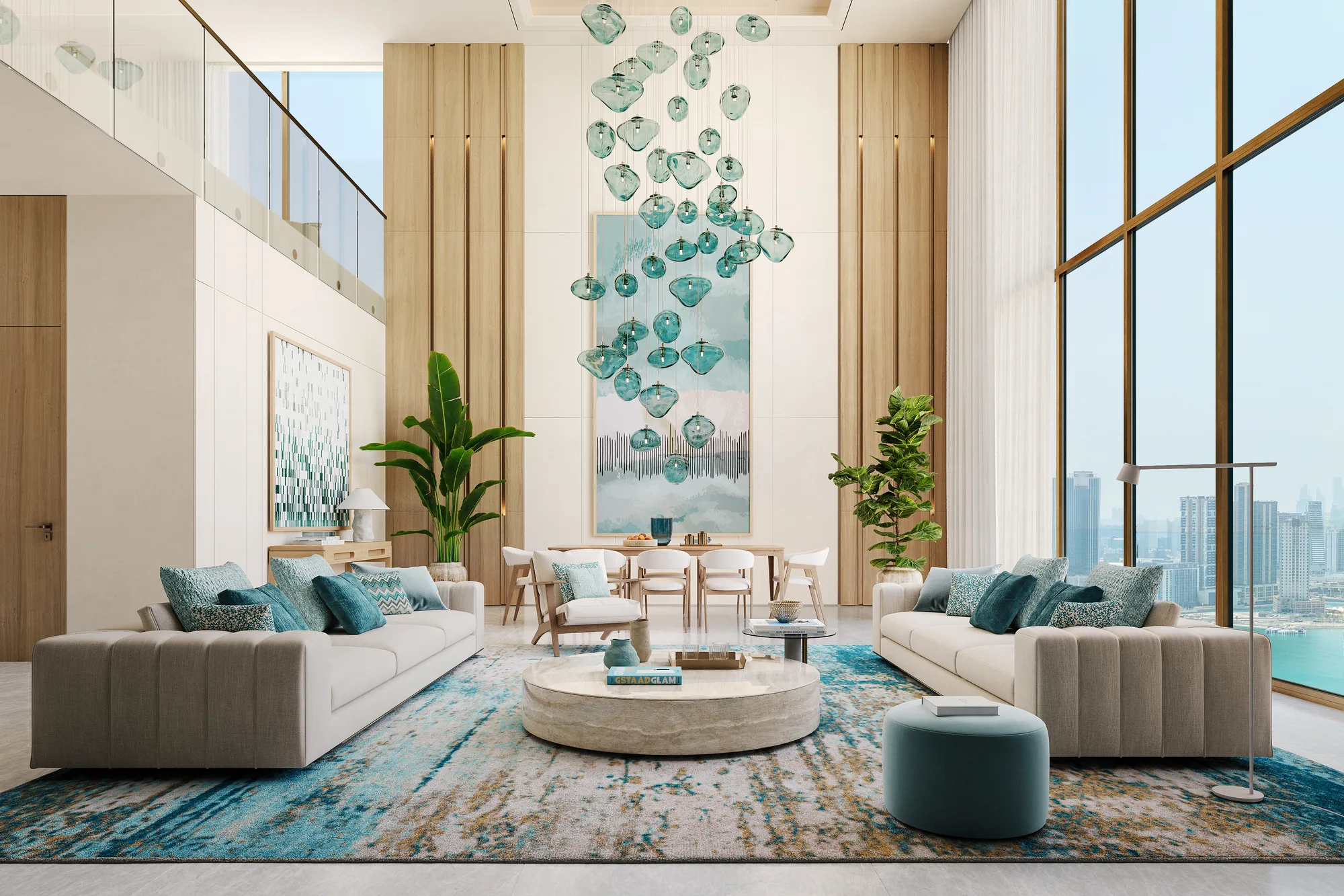 A double-height duplex living room with a glass pendant chandelier, dining table and mezzanine, facing the sea and the city