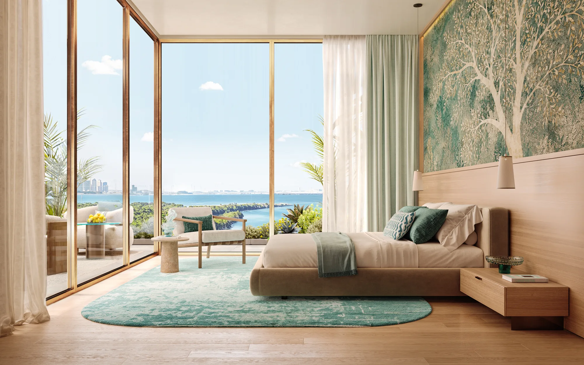 A bedroom with a tree-motif feature wall, light oak flooring and a terrace facing the sea