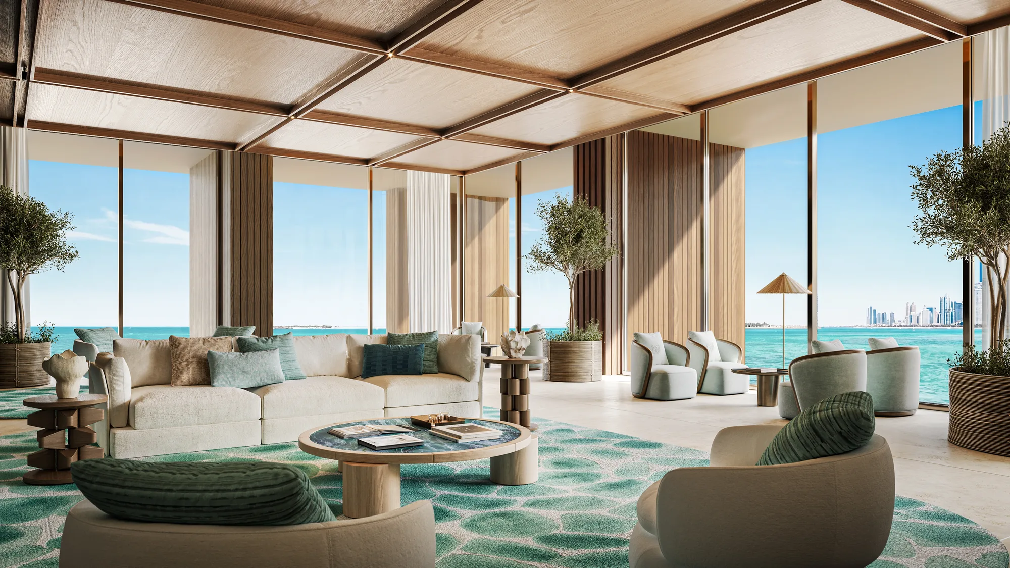 A sky-level lounge with a coffered timber ceiling, looking out to sea on three sides