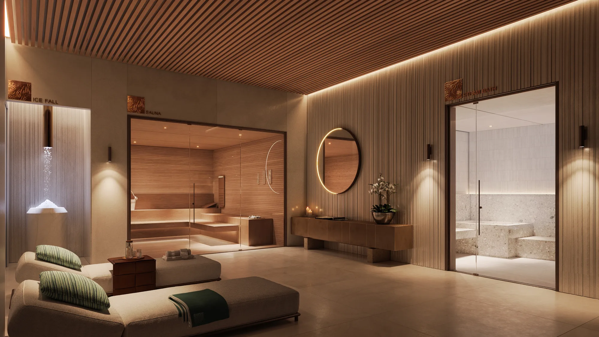 The spa: ice fall, sauna and steam room with day beds