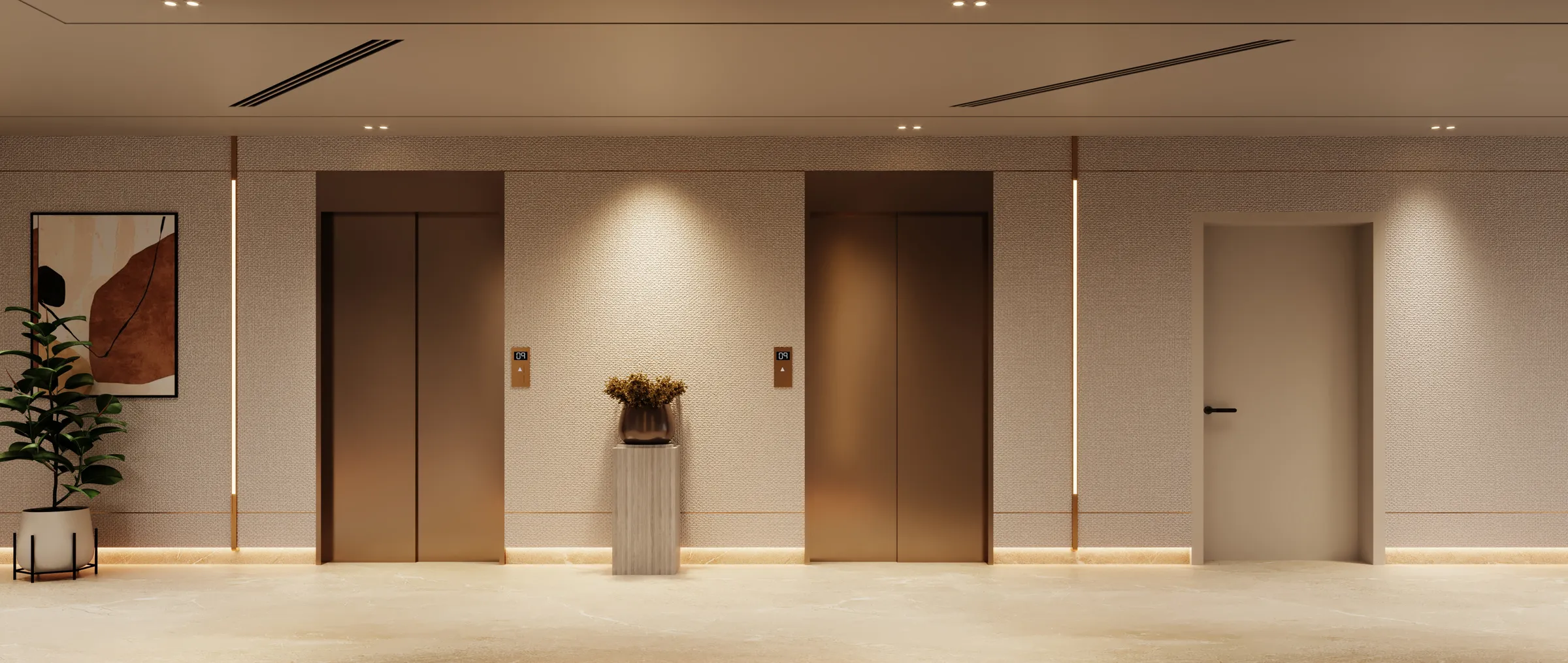 A residential lift lobby: two bronze lift doors with a flower stand between them, on a textured wall with brass trims
