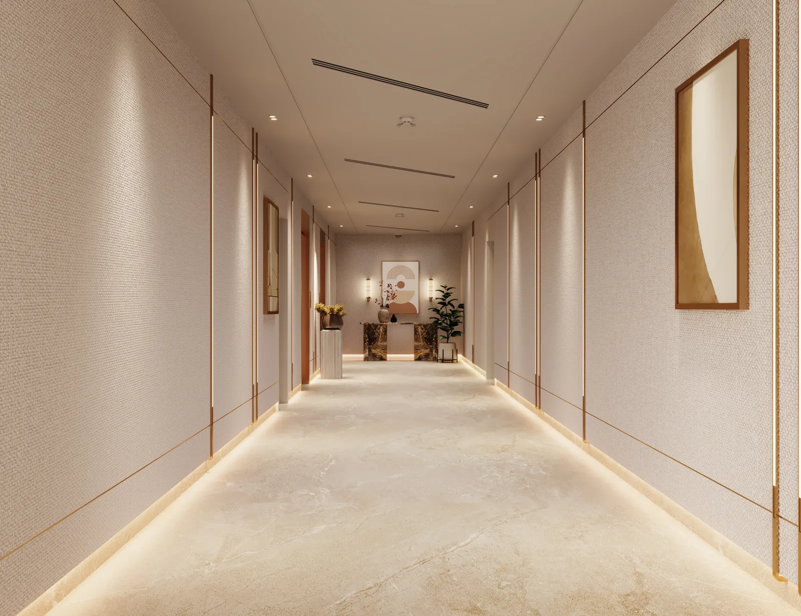 A residential corridor ending in a console with wall lights, a framed print and a plant, lit by cove lighting