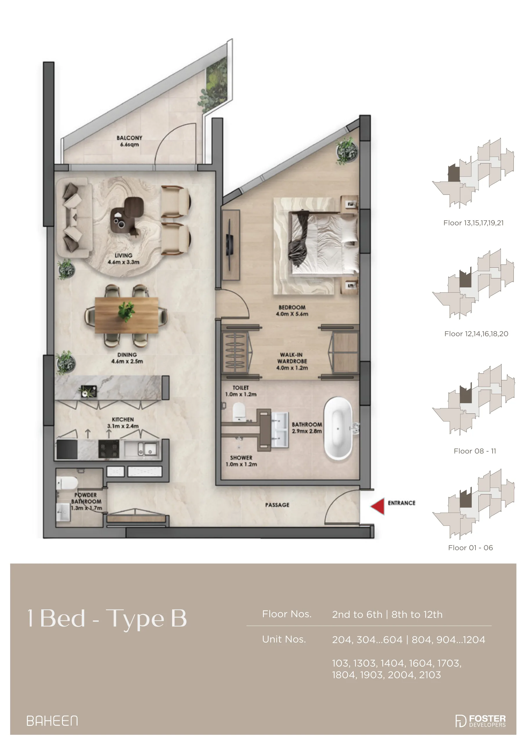 Baheen Tower 1 bed floor plan — Type B, 1,027 – 1,045 sqft