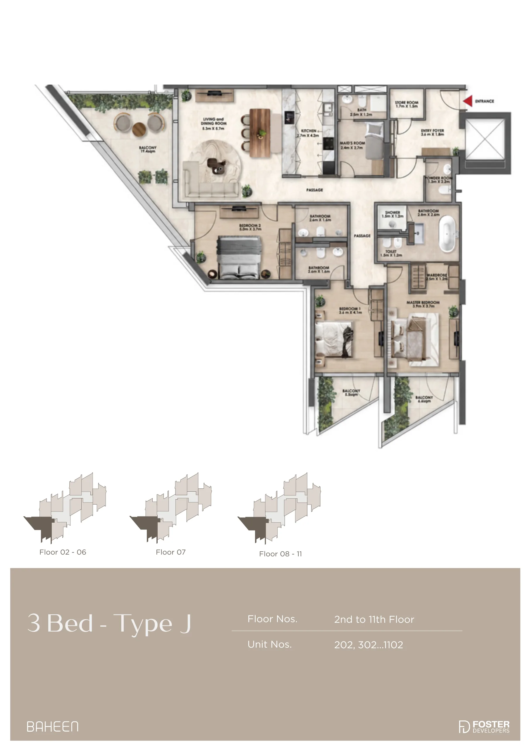 Baheen Tower 3 bed floor plan — Type J · maid’s room, 2,248 sqft
