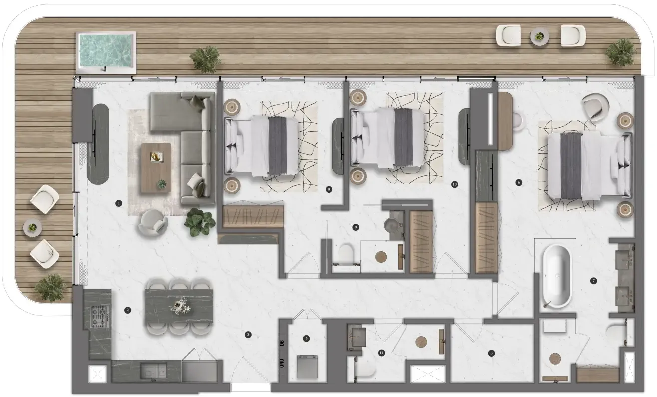 Bond Living 3 bed floor plan, 1,671 – 1,696 sqft