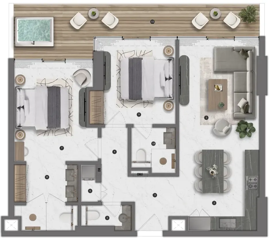 Bond Living 2 bed floor plan, 1,077 sqft