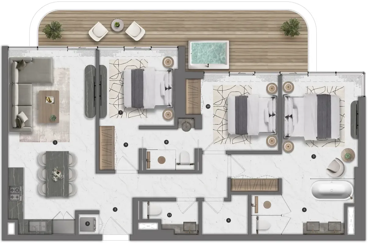 Bond Living 3 bed floor plan, 1,247 – 1,259 sqft