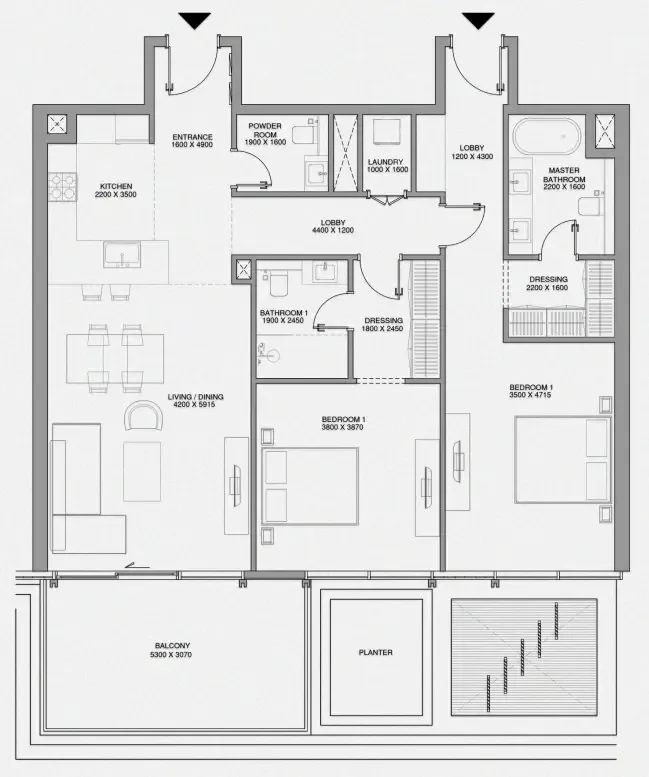 Cheval Residences 2 bed floor plan, 1,454 sqft