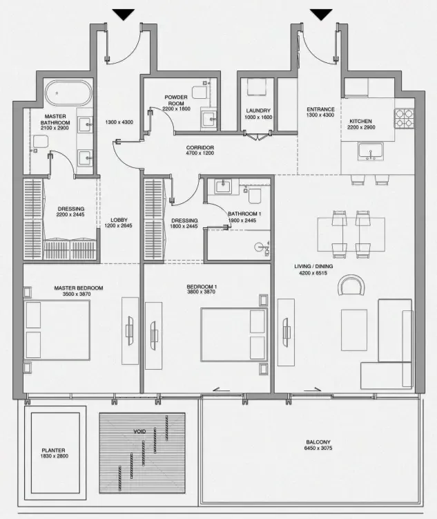 Cheval Residences 2 bed floor plan, 1,494 sqft