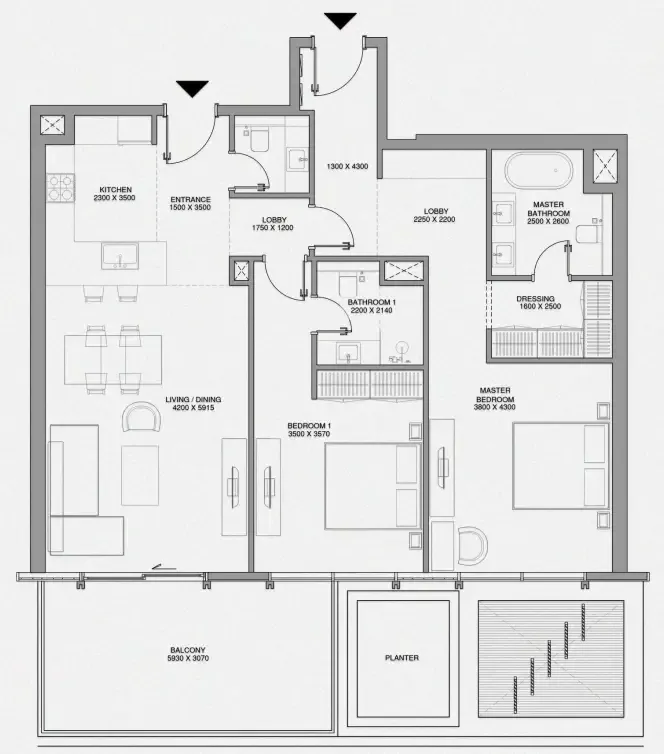 Cheval Residences 2 bed floor plan, 1,423 sqft