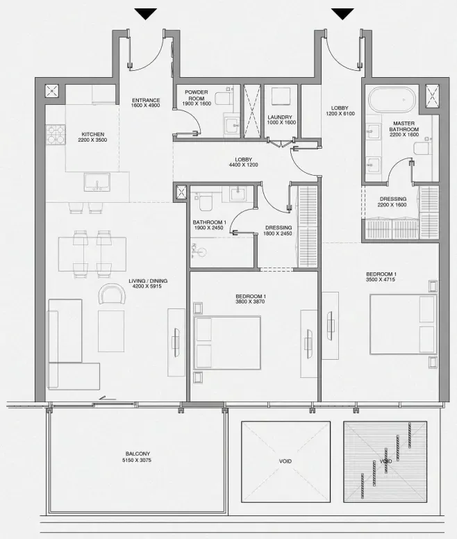 Cheval Residences 2 bed floor plan, 1,448 sqft