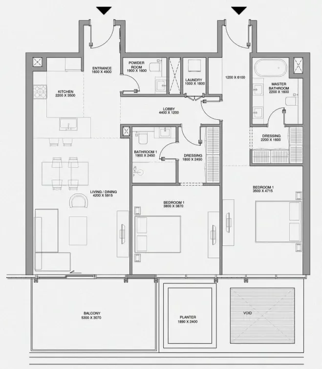 Cheval Residences 2 bed floor plan, 1,454 sqft