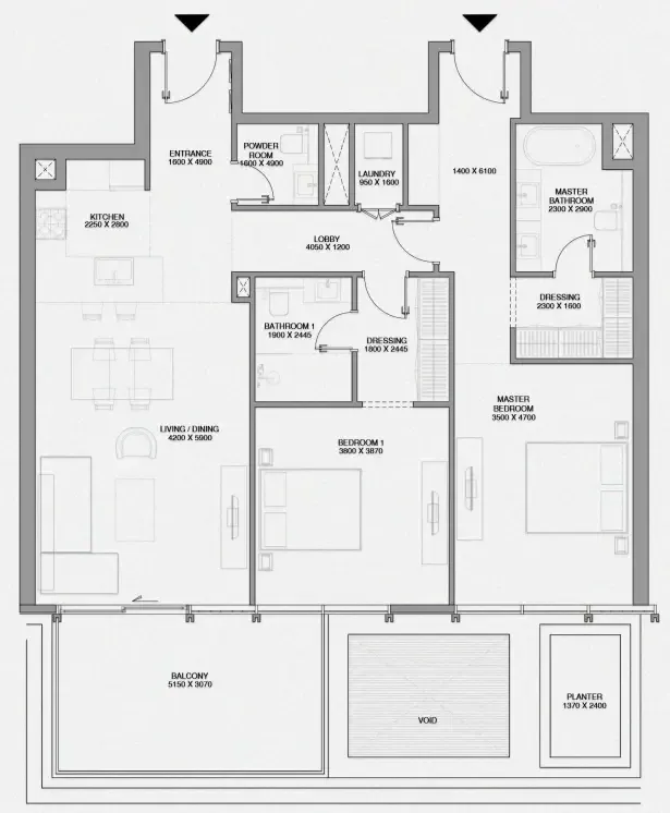 Cheval Residences 2 bed floor plan, 1,436 sqft