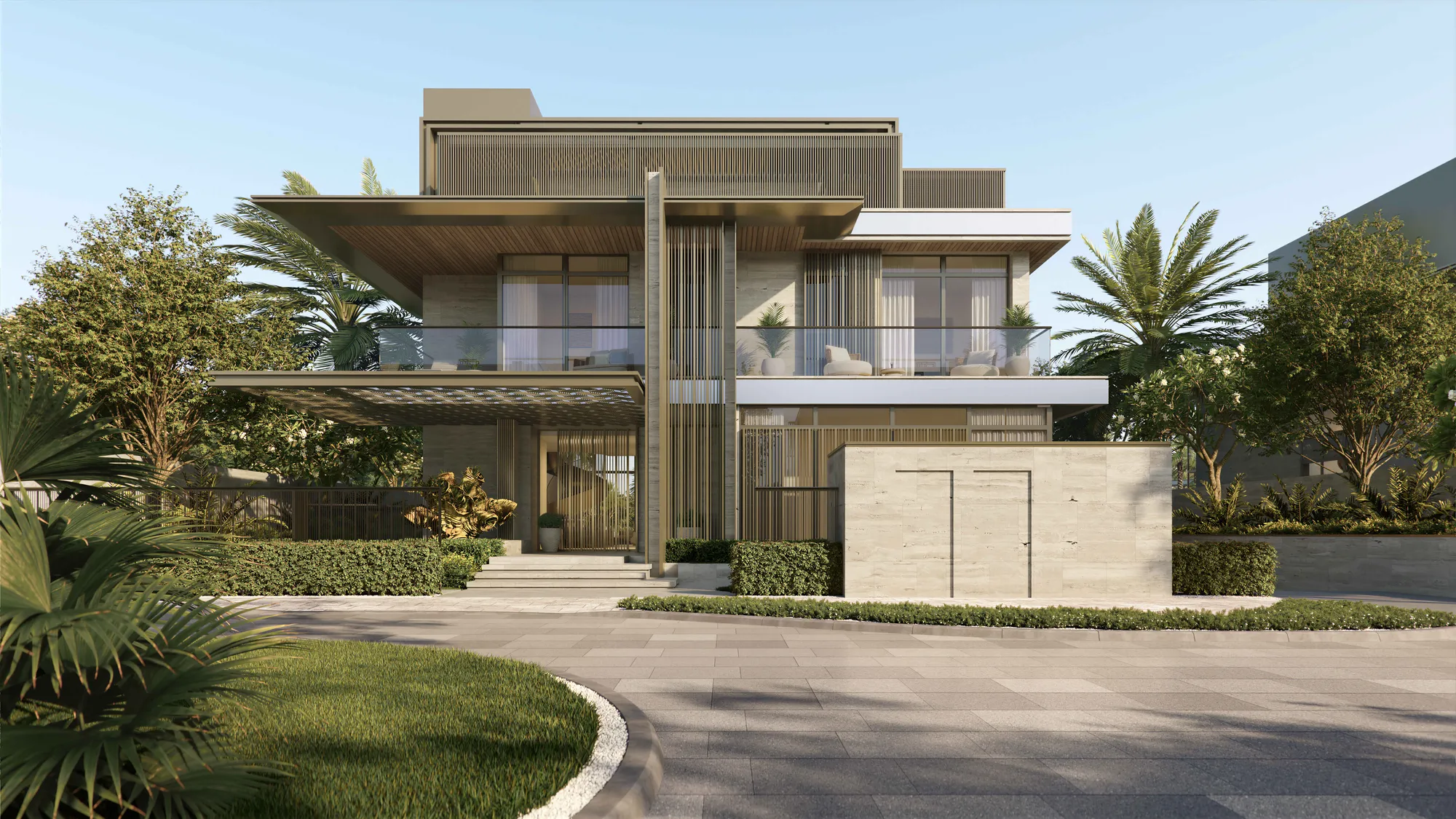 A five-bedroom villa’s arrival: the entrance gate, driveway and the two-storey house behind