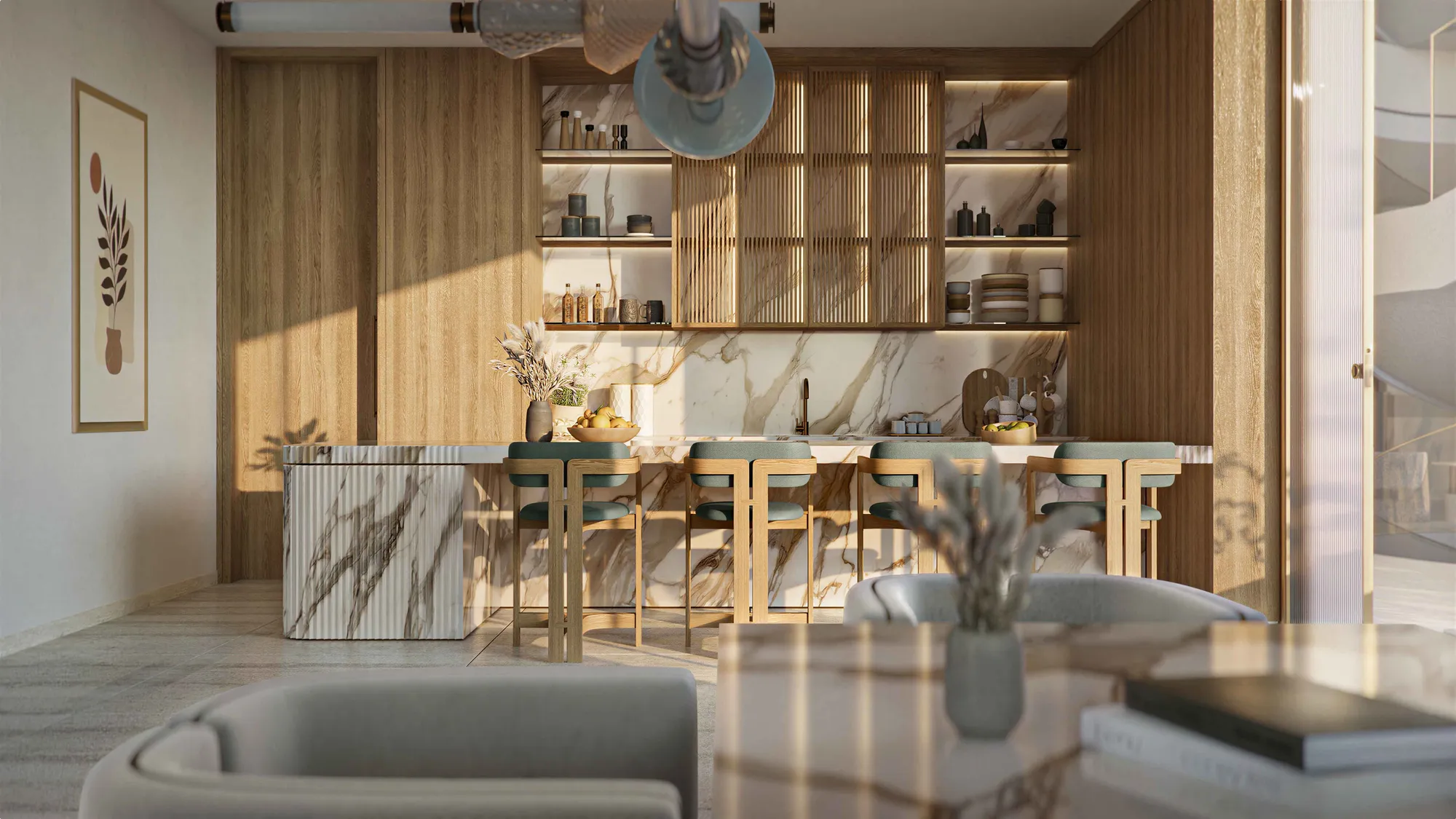 The chef’s kitchen: a marble island, timber joinery and open shelving