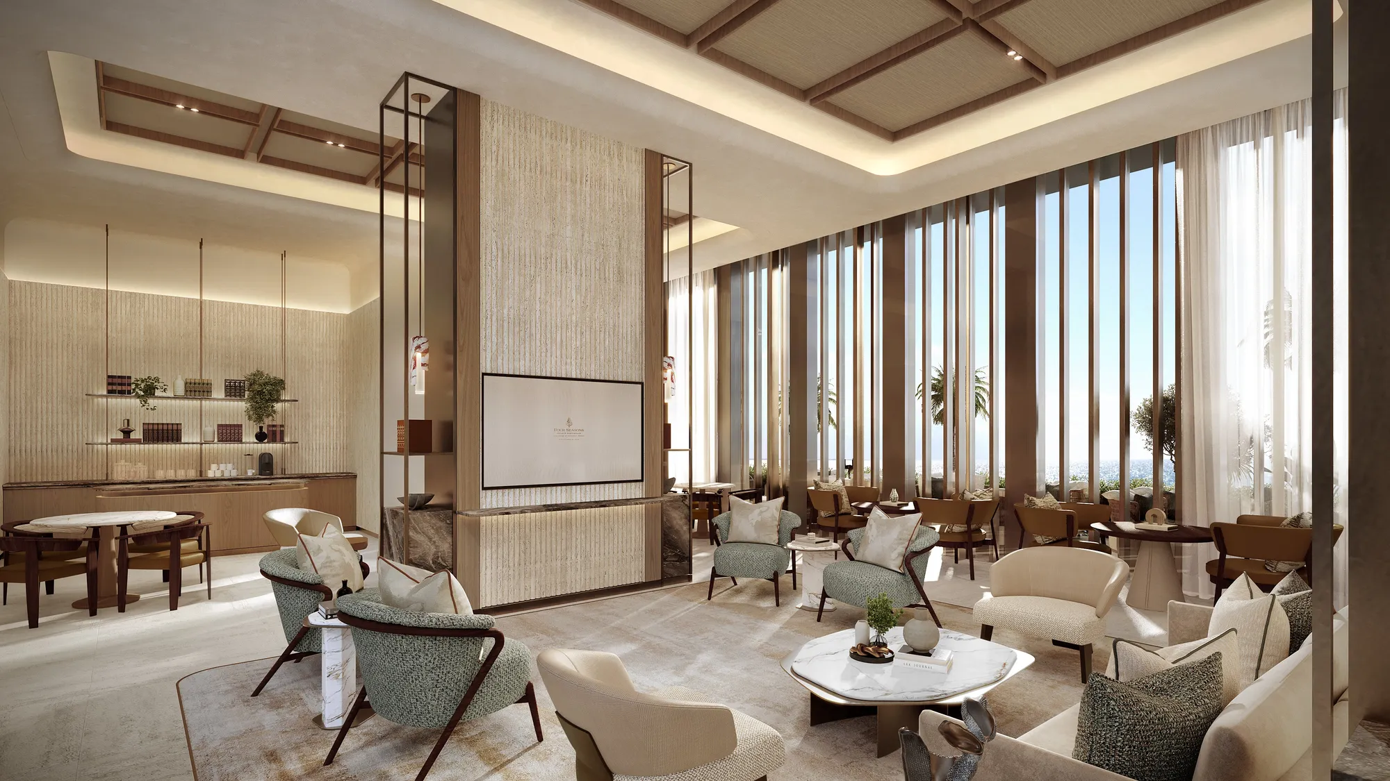 The owners’ lounge: armchairs, a bar wall and floor-to-ceiling windows