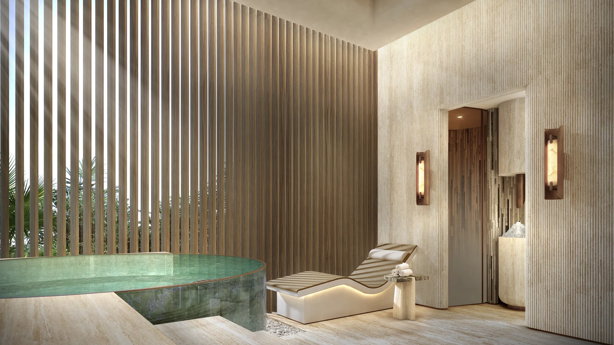 The spa: a plunge pool behind slatted timber screens, with heated loungers