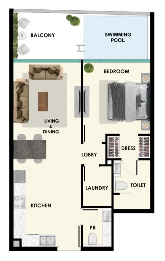 Samana Ibiza 1 bed floor plan, 807 – 808 sqft