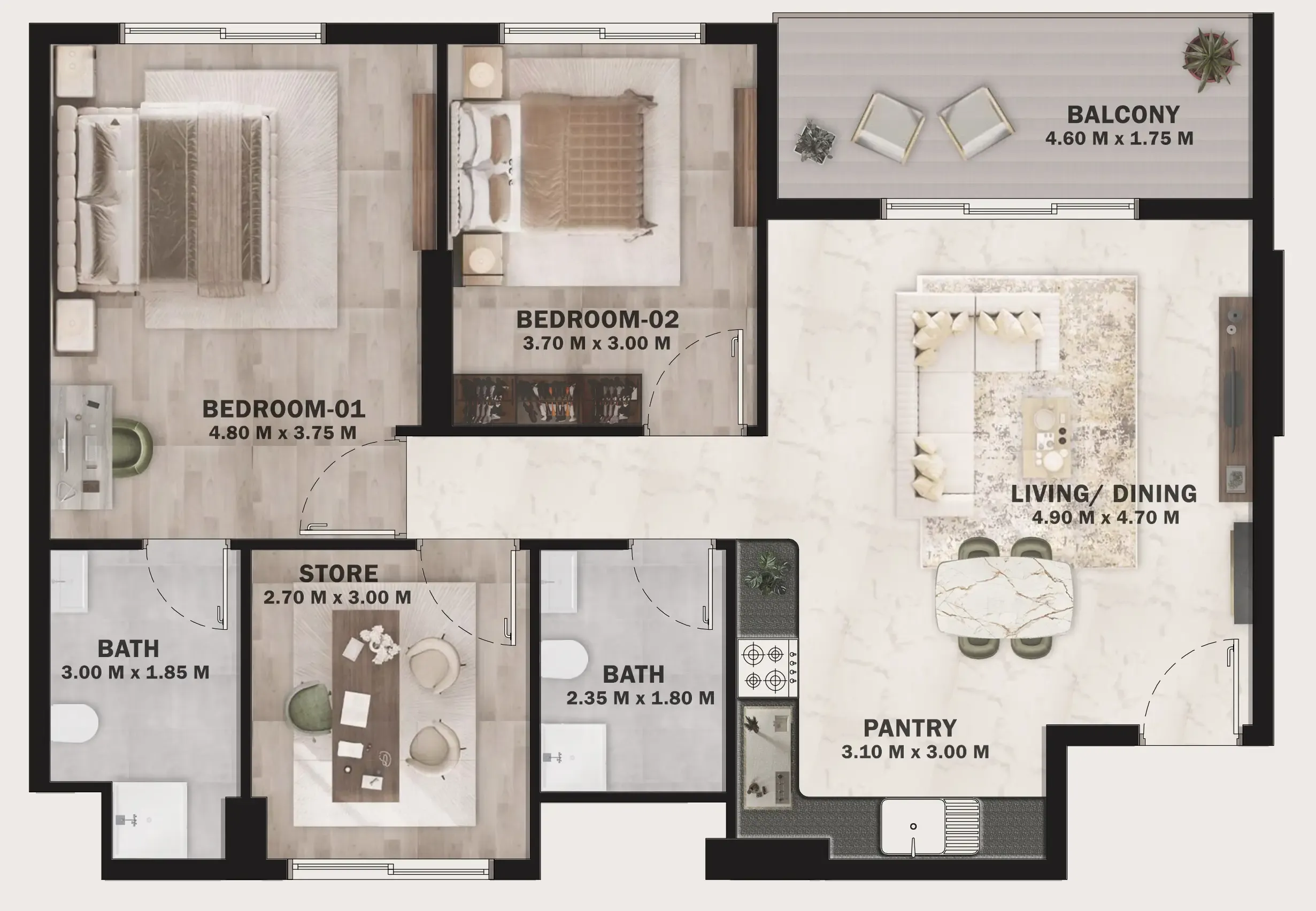 VOI Residence 2 bed floor plan, 995 sqft