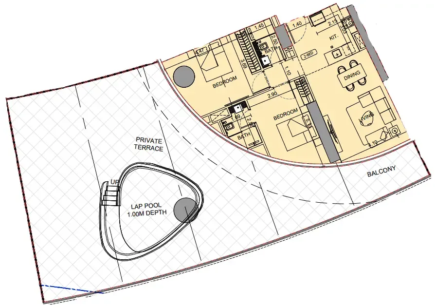 Binghatti Aquarise 2 bed floor plan, 2,692 sqft