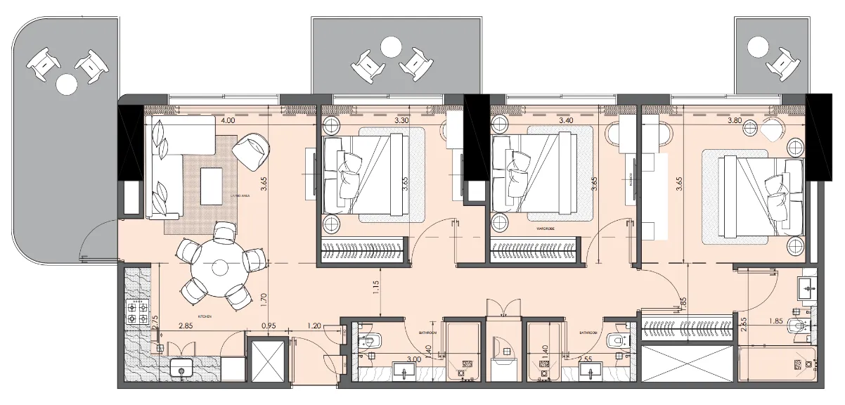 Azizi Wasel 3 bed floor plan, 1,354 sqft