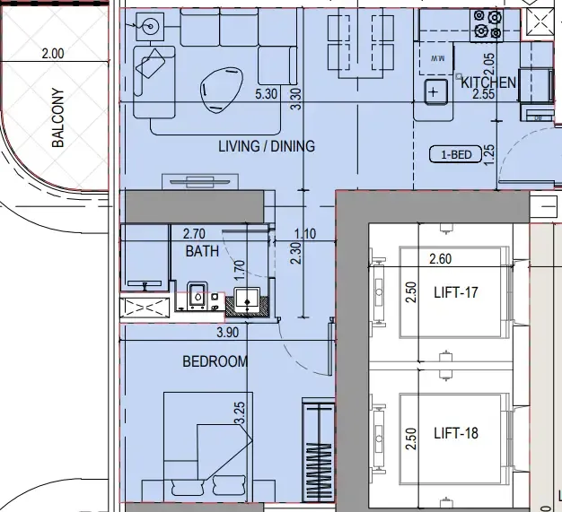 Binghatti Sky Terraces 1 bed floor plan, 799 sqft
