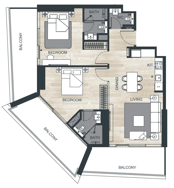 Binghatti Ghost 2 bed floor plan, 1,316 sqft
