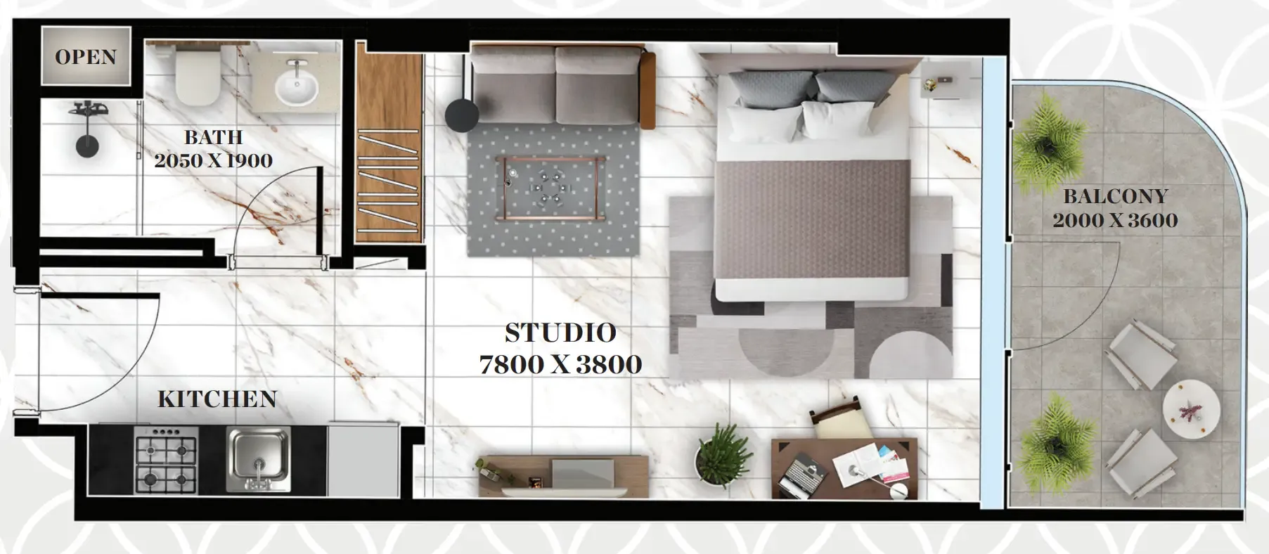 Empire Livings Studio floor plan, 347 – 416 sqft