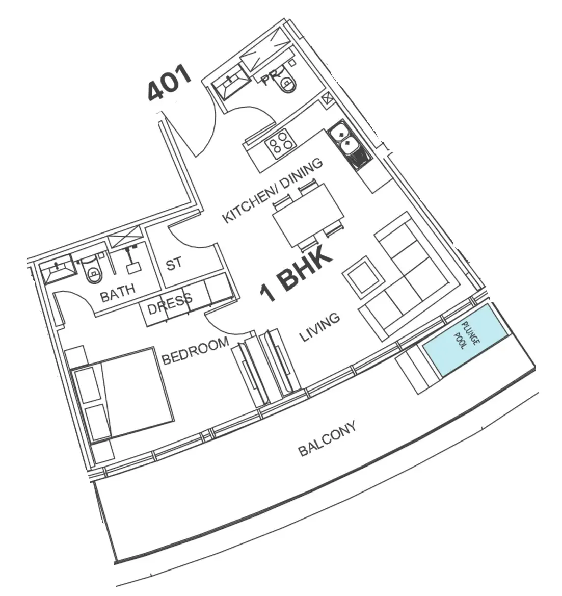 Villa Del Garda 1 bed floor plan, 832 sqft