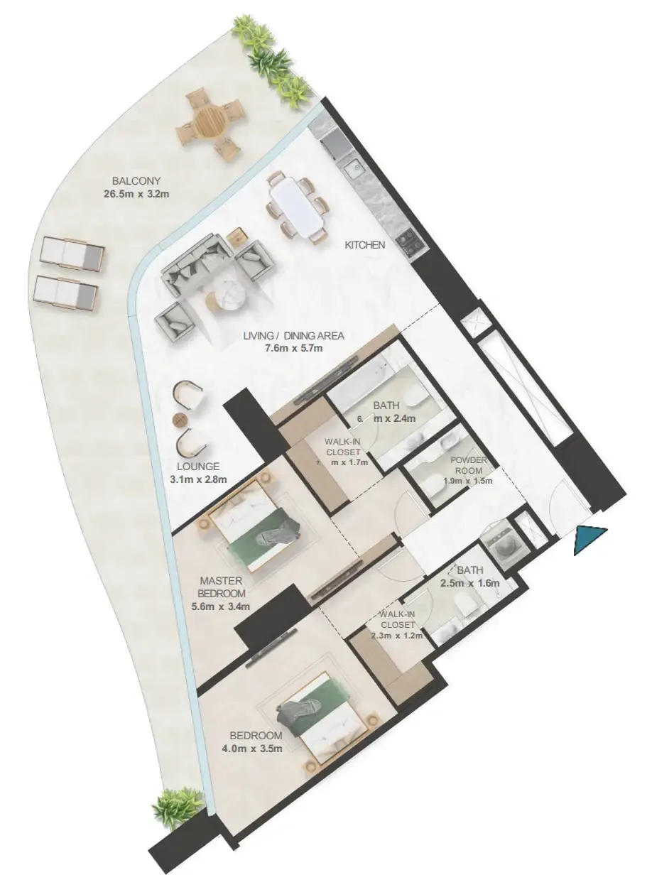 Oystra 2 bed floor plan, 1,809 sqft