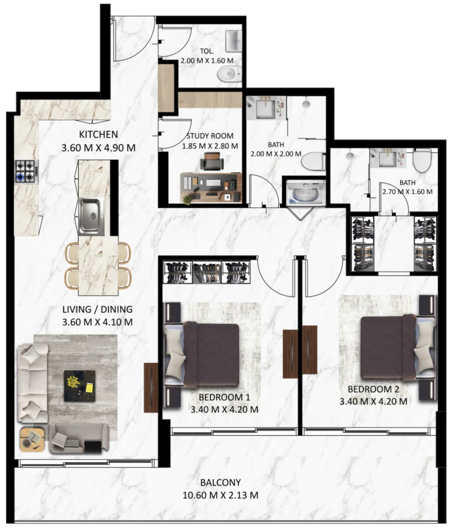 Bling Avenue 1 2 bed floor plan, 1,273 sqft