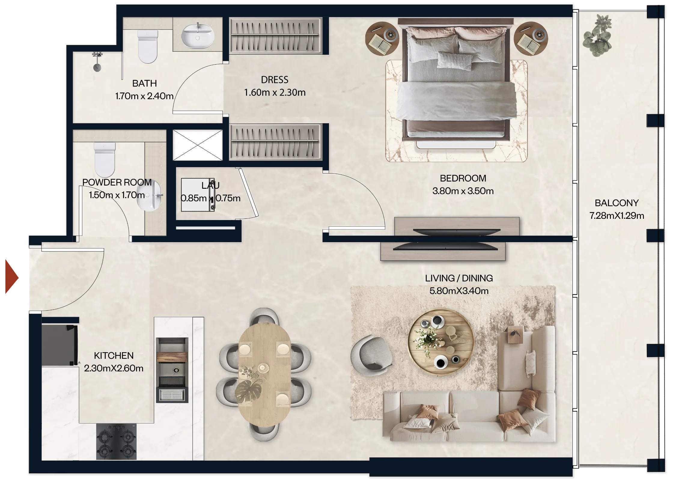 Norah Residence 1 bed floor plan, 743 sqft