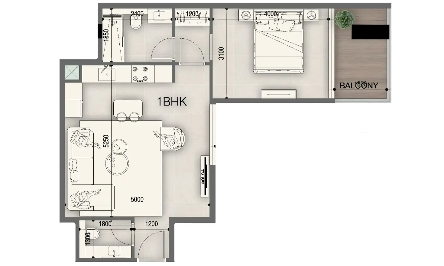 Peace Avenue 1 bed floor plan, 708 sqft