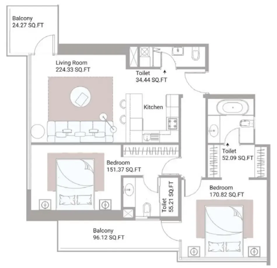 Ajman Creek Towers 2 bed floor plan, 1,598 – 2,200 sqft