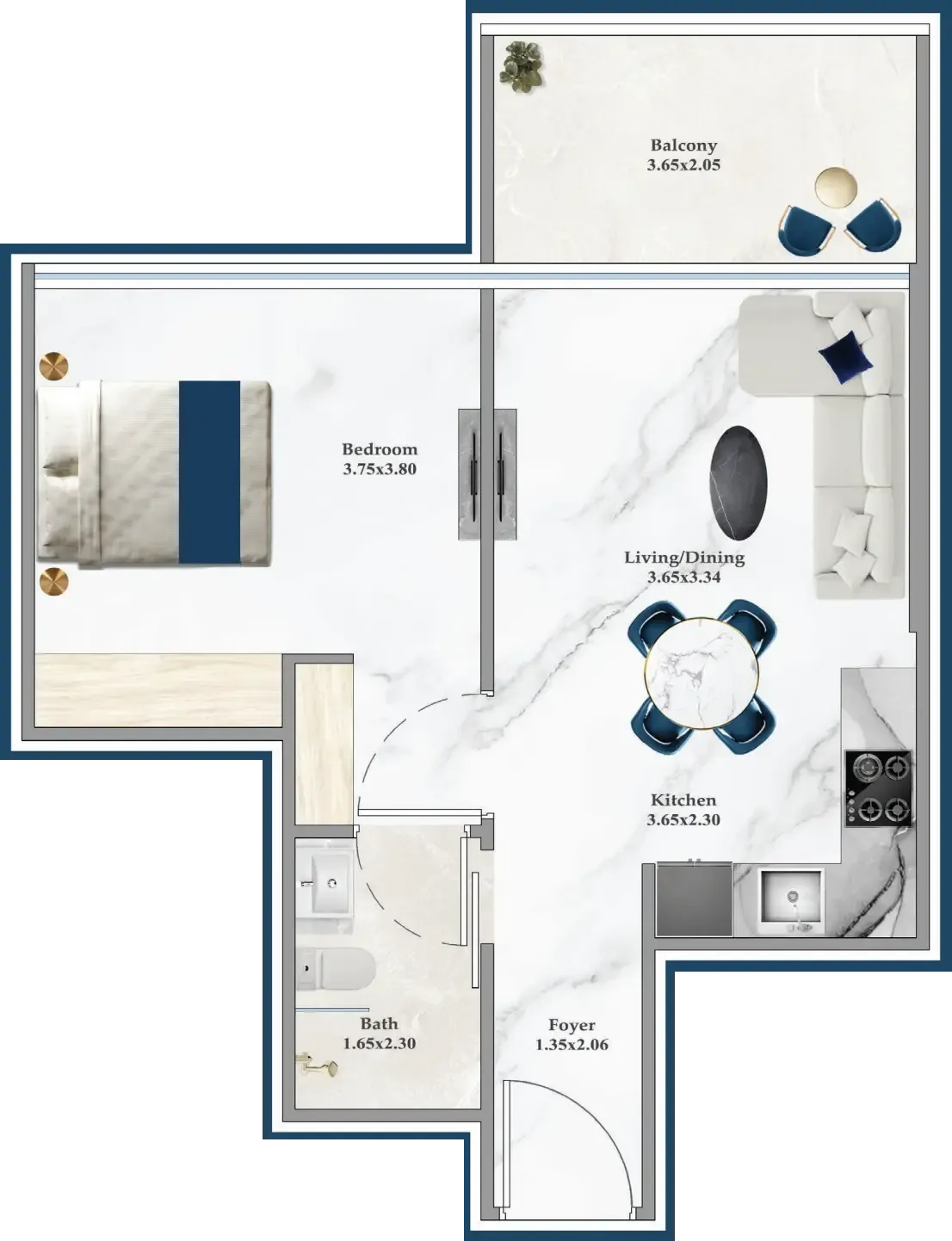 Serenz 1 bed floor plan, 552 sqft