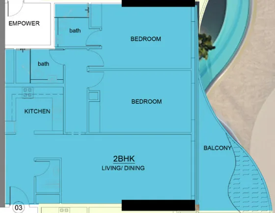 Volga Tower 2 bed floor plan, 1,340 sqft
