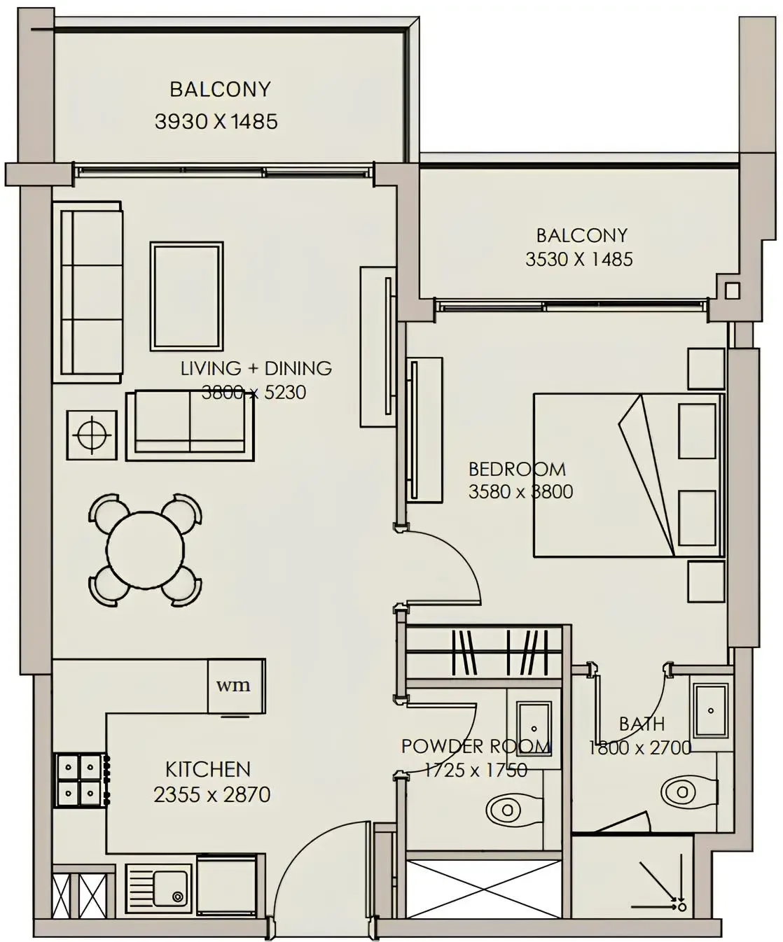Nirvana Residences 1 1 bed floor plan, 734 sqft