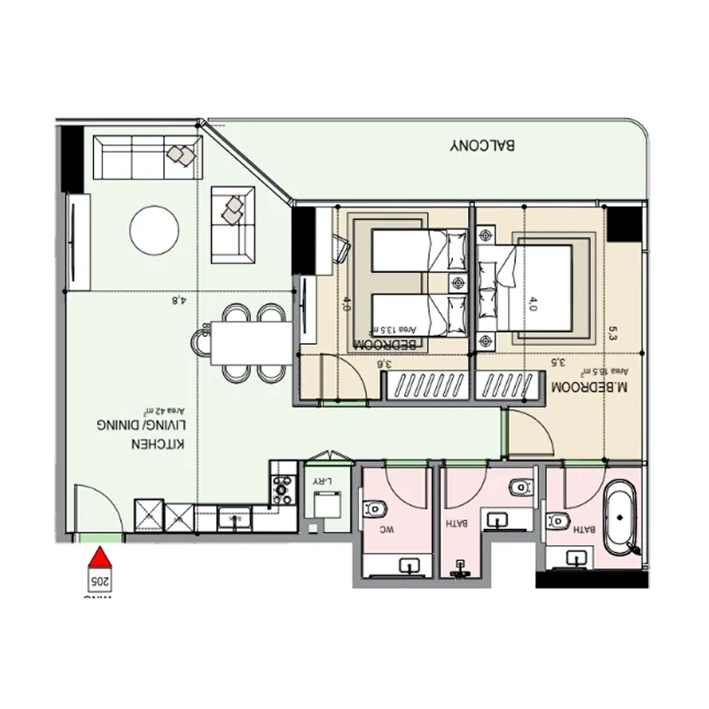 Edgewater Residences 1, 2 and 3 2 bed floor plan, 1,181 – 1,183 sqft