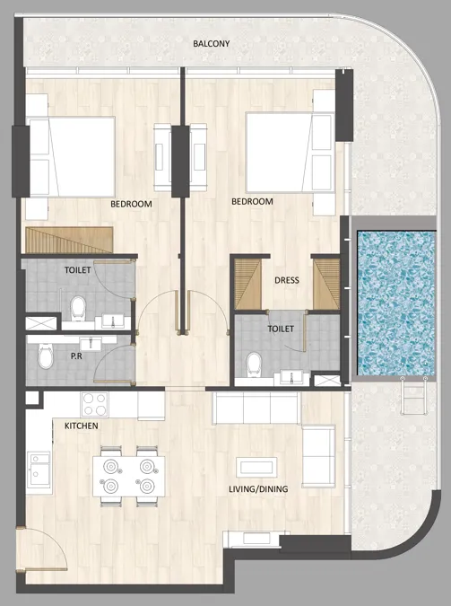 Barari Palace 2 bed floor plan, 1,214 sqft
