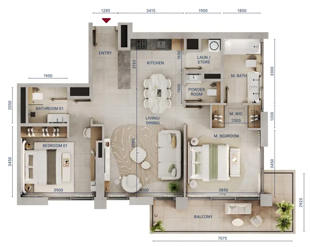 Mirdad 2 bed floor plan, 1,148 sqft