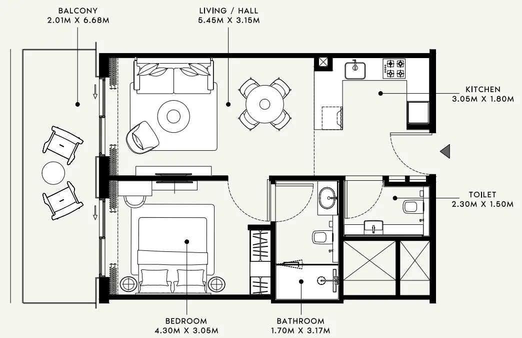 Azizi Venice 1 bed floor plan, 735 sqft