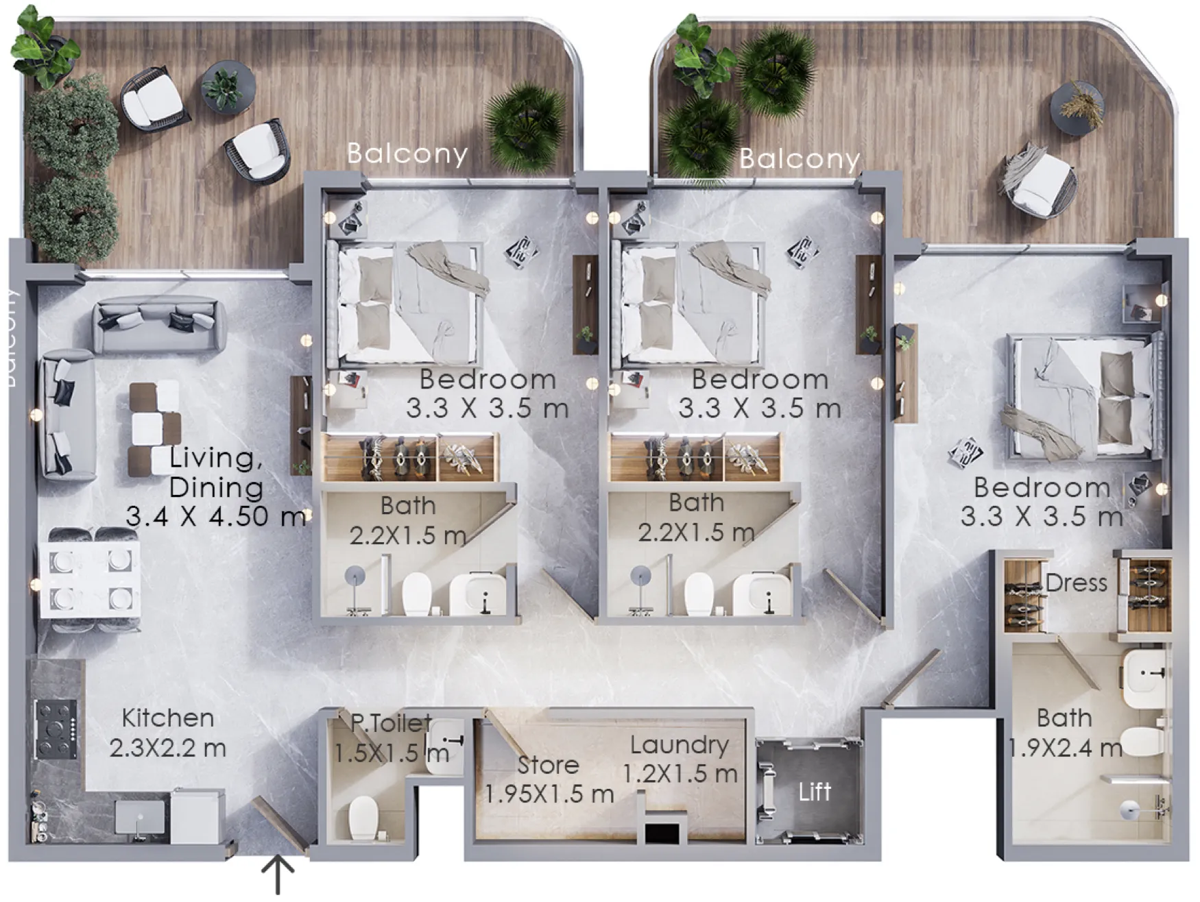 Terra Tower 3 bed floor plan, 2,100 sqft