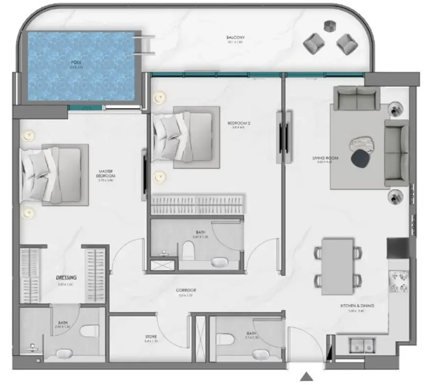 Samana Ocean Bay 2 bed floor plan, 1,241 sqft