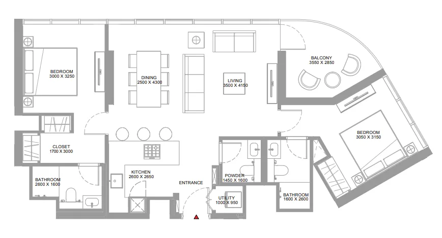Bayside Marina Residences 2 bed floor plan, 1,021 sqft