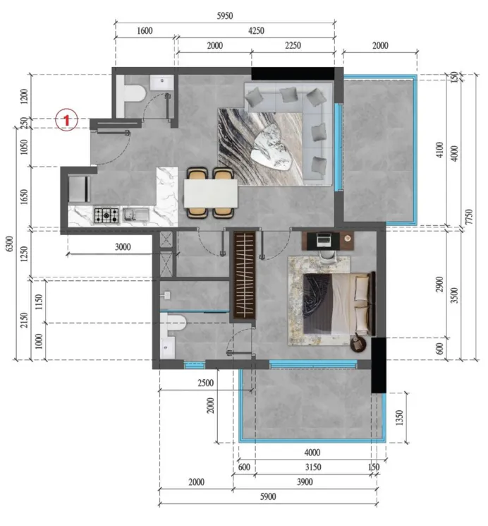 Lilium Tower 1 bed floor plan, 726 sqft