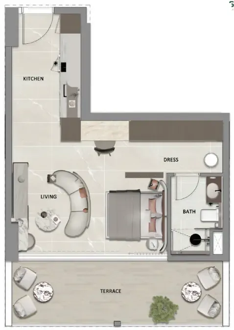 South Lofts 1 bed floor plan, 544 sqft